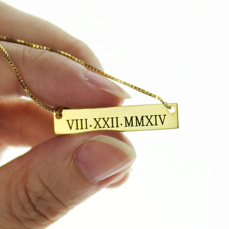 Roman Numeral Bar Necklace 18K Gold Plated
